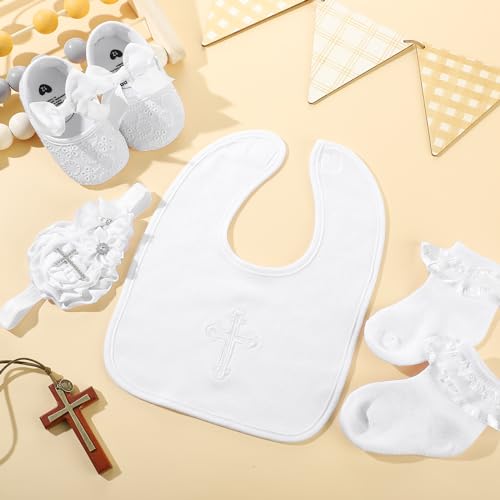 Vinsatin 4-Piece Baby Girl Baptism and Christening Outfit Set with Bib, Shoes, Socks, and Headband