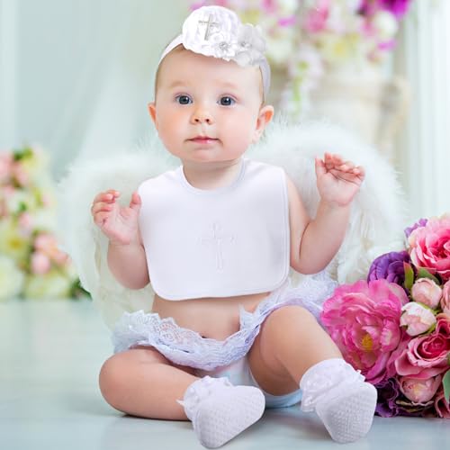 Vinsatin 4-Piece Baby Girl Baptism and Christening Outfit Set with Bib, Shoes, Socks, and Headband