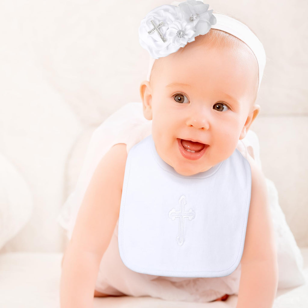 Vinsatin 4-Piece Baby Girl Baptism and Christening Outfit Set with Bib, Shoes, Socks, and Headband
