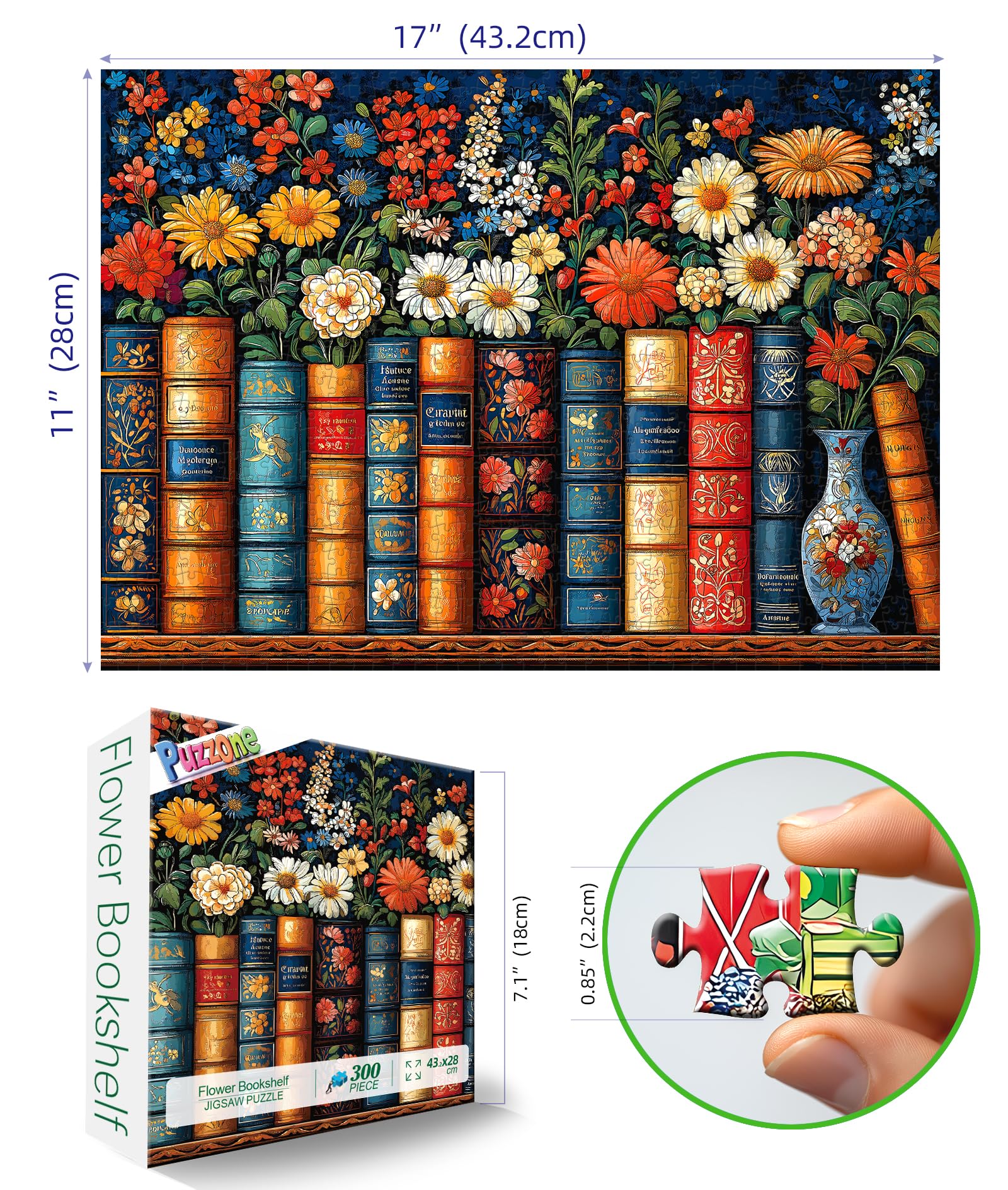 Vintage Books & Floral 300-Piece Jigsaw Puzzle for Adults – 17x11 Inches, Precision-Cut