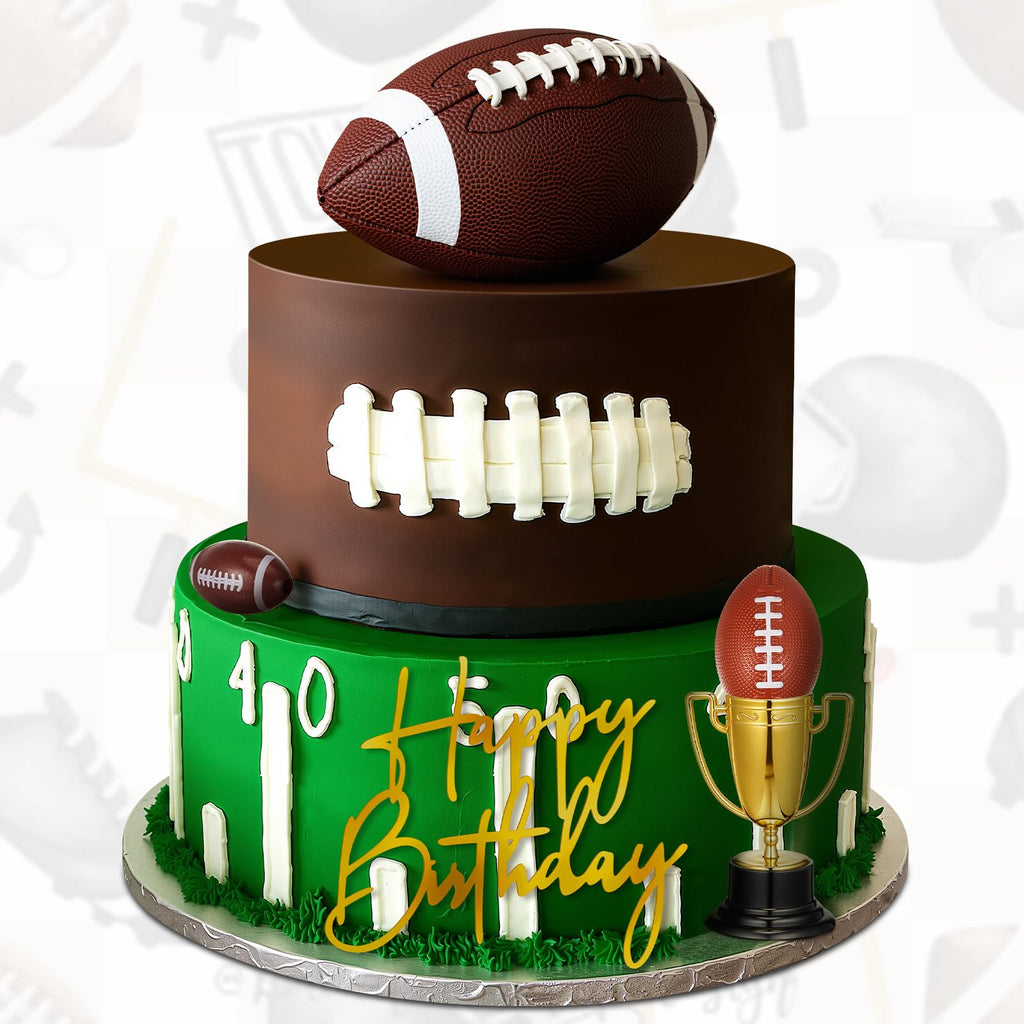 VioraWhite Large Football Cake Toppers Set - 8 Pieces with 5 Balls, Trophies, and Happy Birthday Sign for Sports Theme Parties