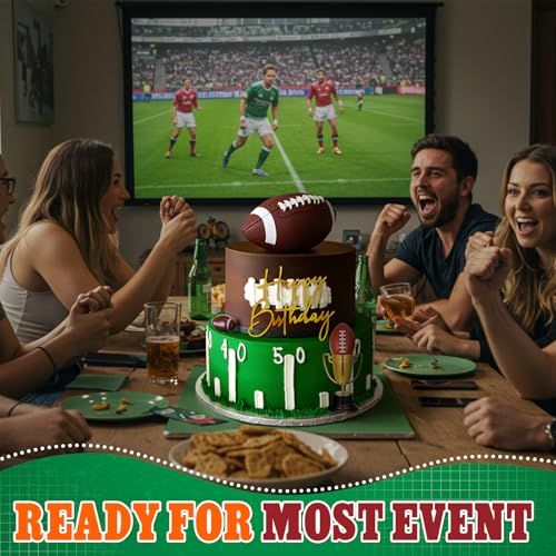 VioraWhite Large Football Cake Toppers Set - 8 Pieces with 5 Balls, Trophies, and Happy Birthday Sign for Sports Theme Parties