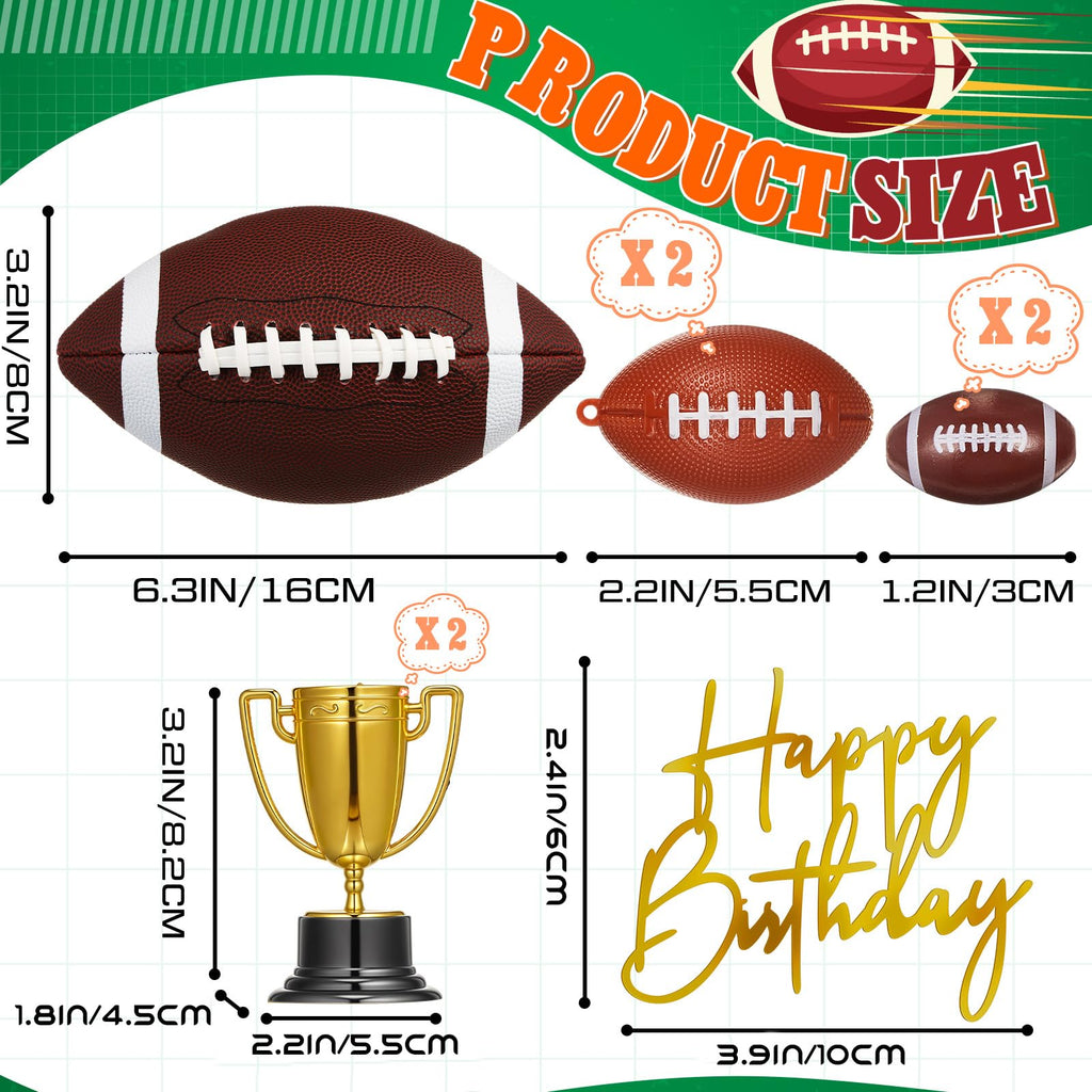 VioraWhite Large Football Cake Toppers Set - 8 Pieces with 5 Balls, Trophies, and Happy Birthday Sign for Sports Theme Parties