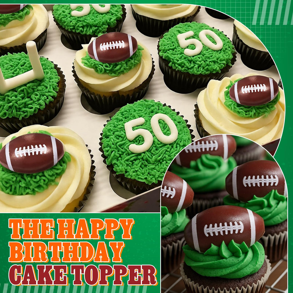 VioraWhite Large Football Cake Toppers Set - 8 Pieces with 5 Balls, Trophies, and Happy Birthday Sign for Sports Theme Parties