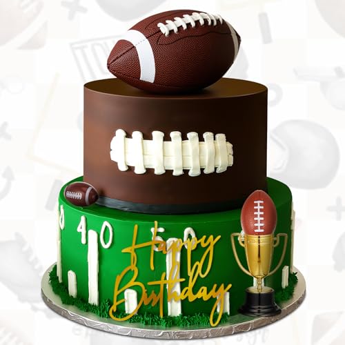 VioraWhite Large Football Cake Toppers Set - 8 Pieces with 5 Balls, Trophies, and Happy Birthday Sign for Sports Theme Parties