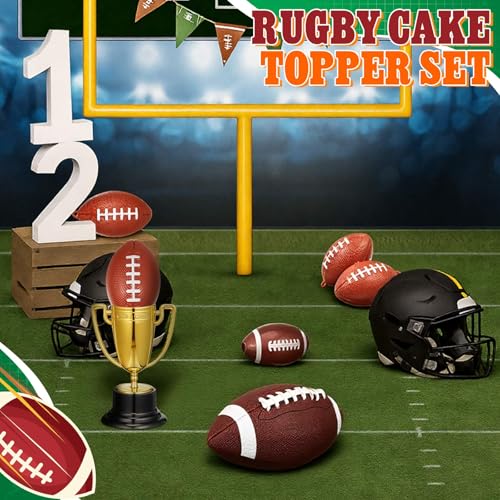 VioraWhite Large Football Cake Toppers Set - 8 Pieces with 5 Balls, Trophies, and Happy Birthday Sign for Sports Theme Parties