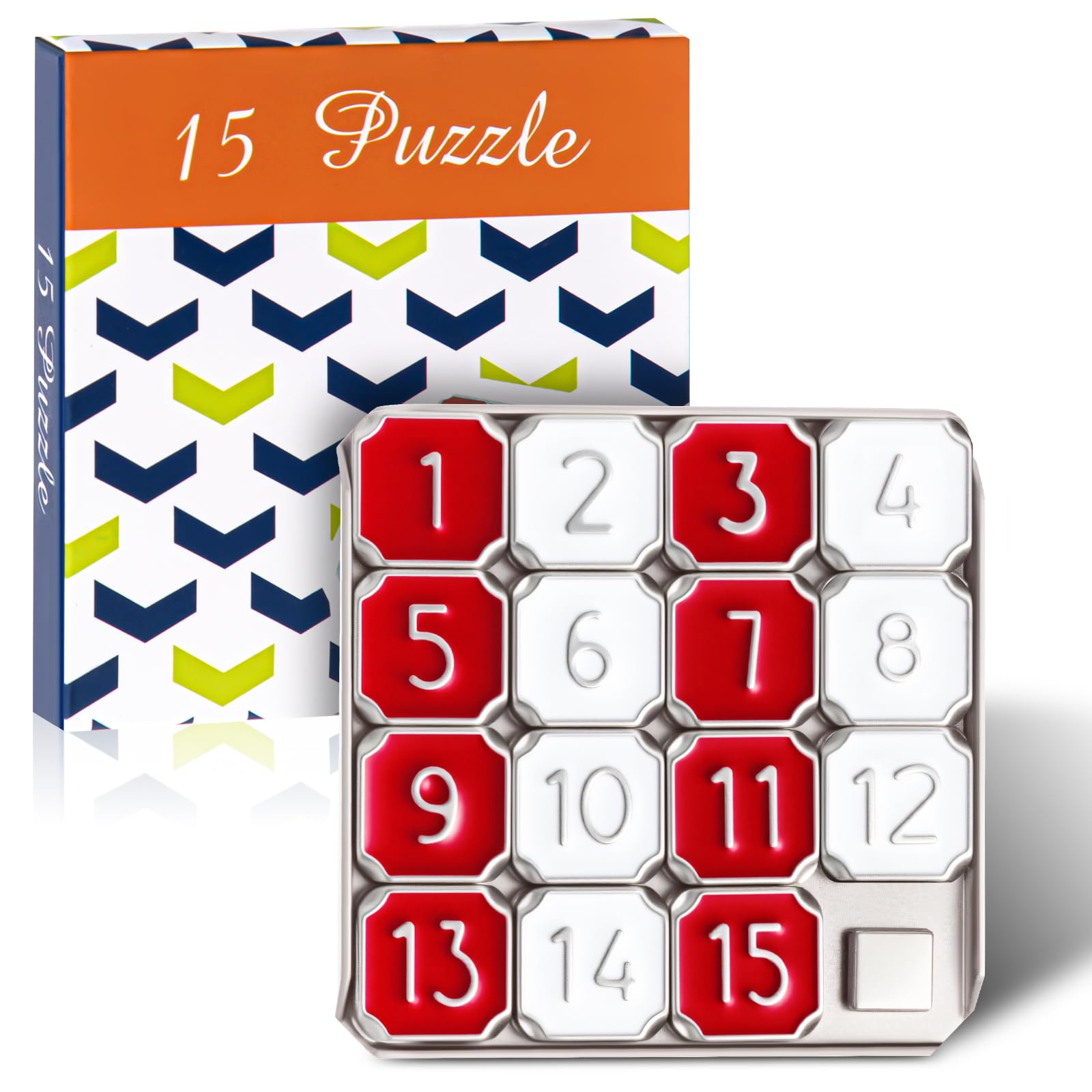VioraWhite Metal Number Slide Puzzle – Red & White 15-Tile Brain Teaser for Teens and Adults