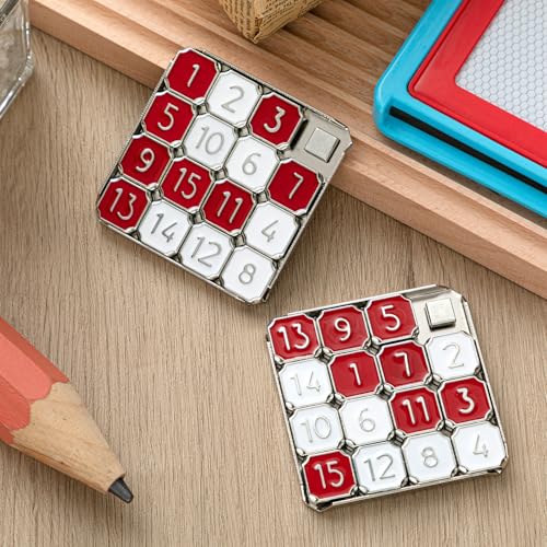 VioraWhite Metal Number Slide Puzzle – Red & White 15-Tile Brain Teaser for Teens and Adults