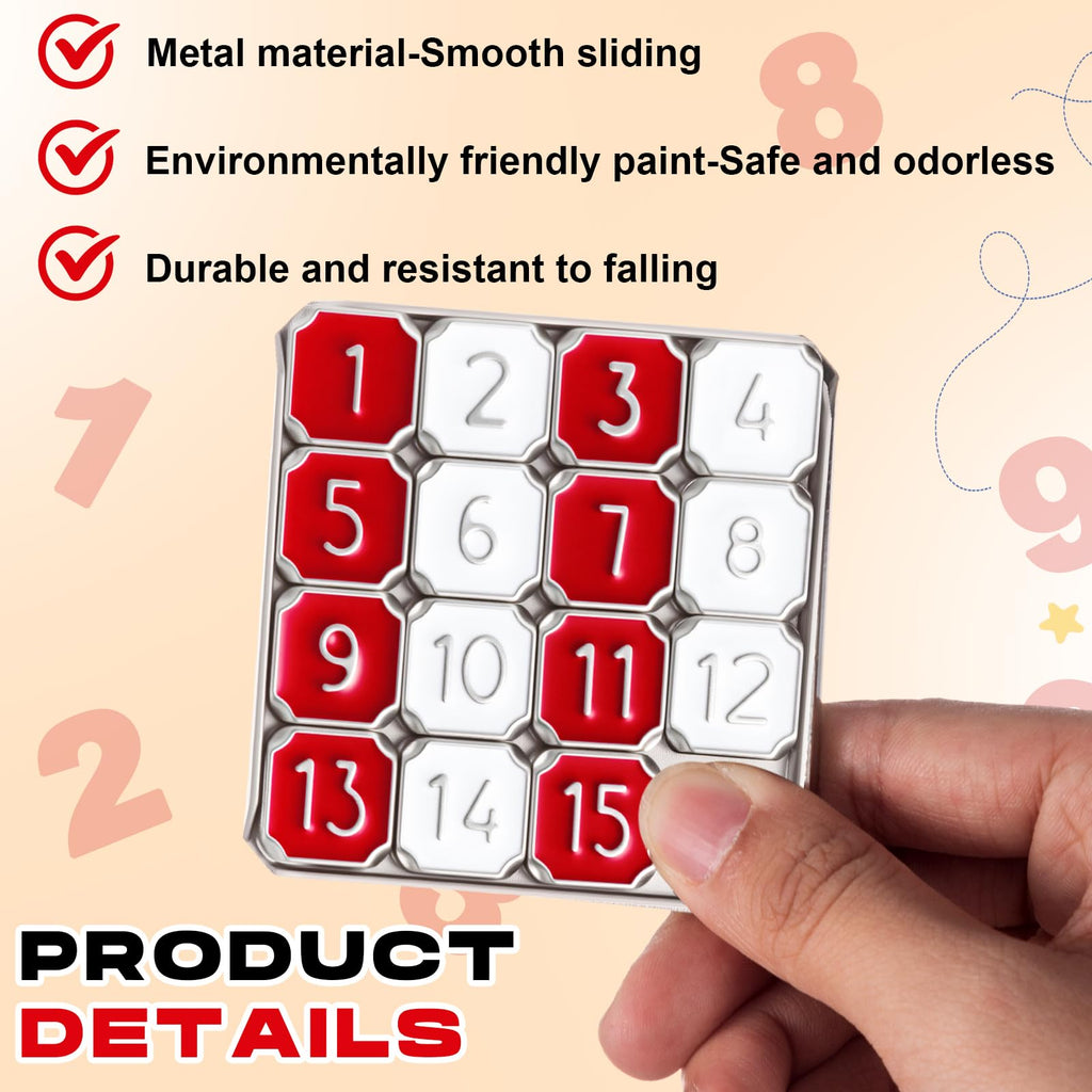 VioraWhite Metal Number Slide Puzzle – Red & White 15-Tile Brain Teaser for Teens and Adults