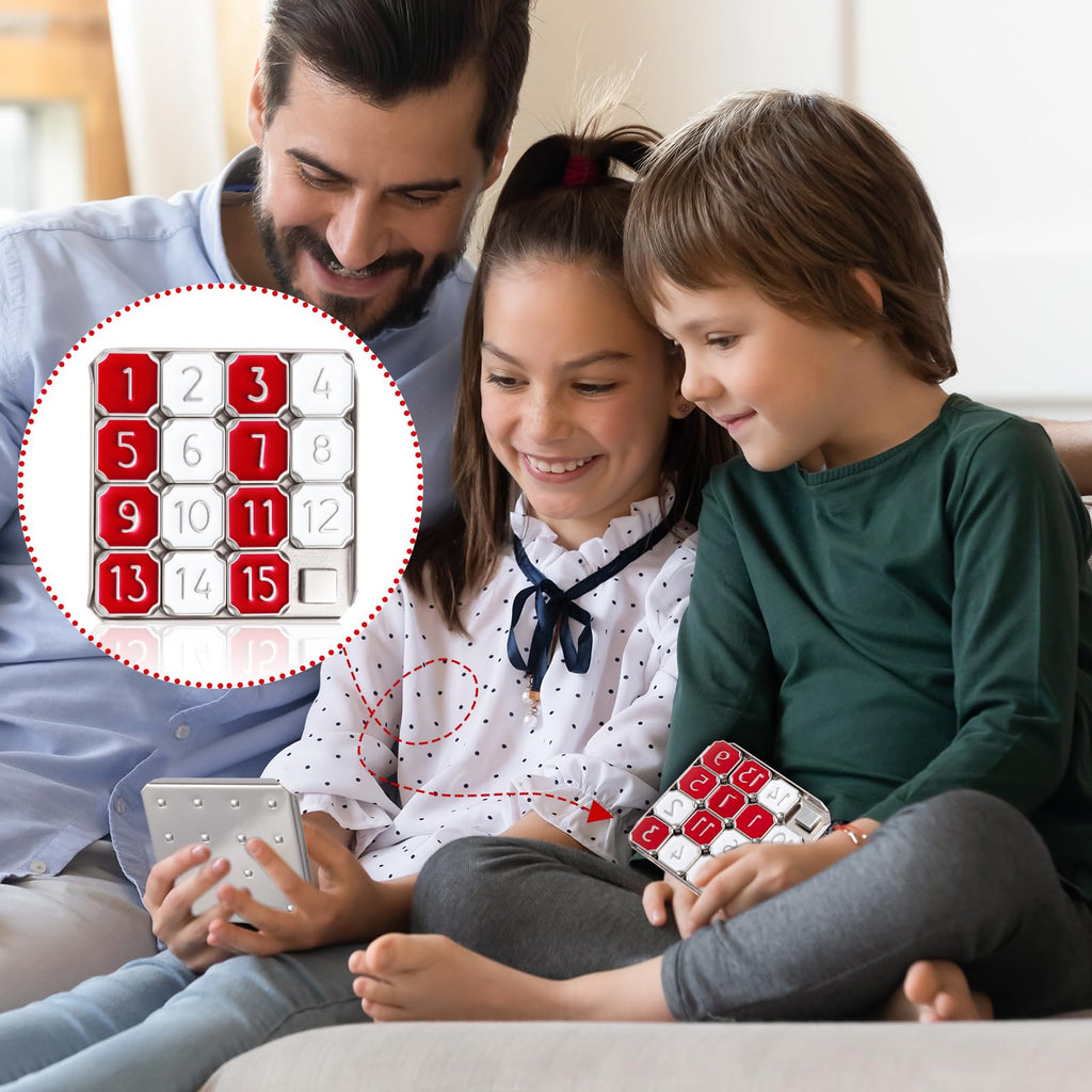 VioraWhite Metal Number Slide Puzzle – Red & White 15-Tile Brain Teaser for Teens and Adults
