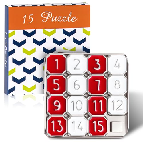 VioraWhite Metal Number Slide Puzzle – Red & White 15-Tile Brain Teaser for Teens and Adults