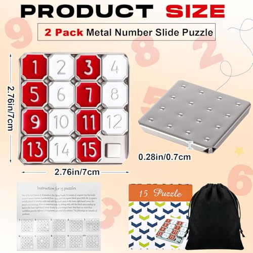 VioraWhite Metal Number Slide Puzzle – Red & White 15-Tile Brain Teaser for Teens and Adults