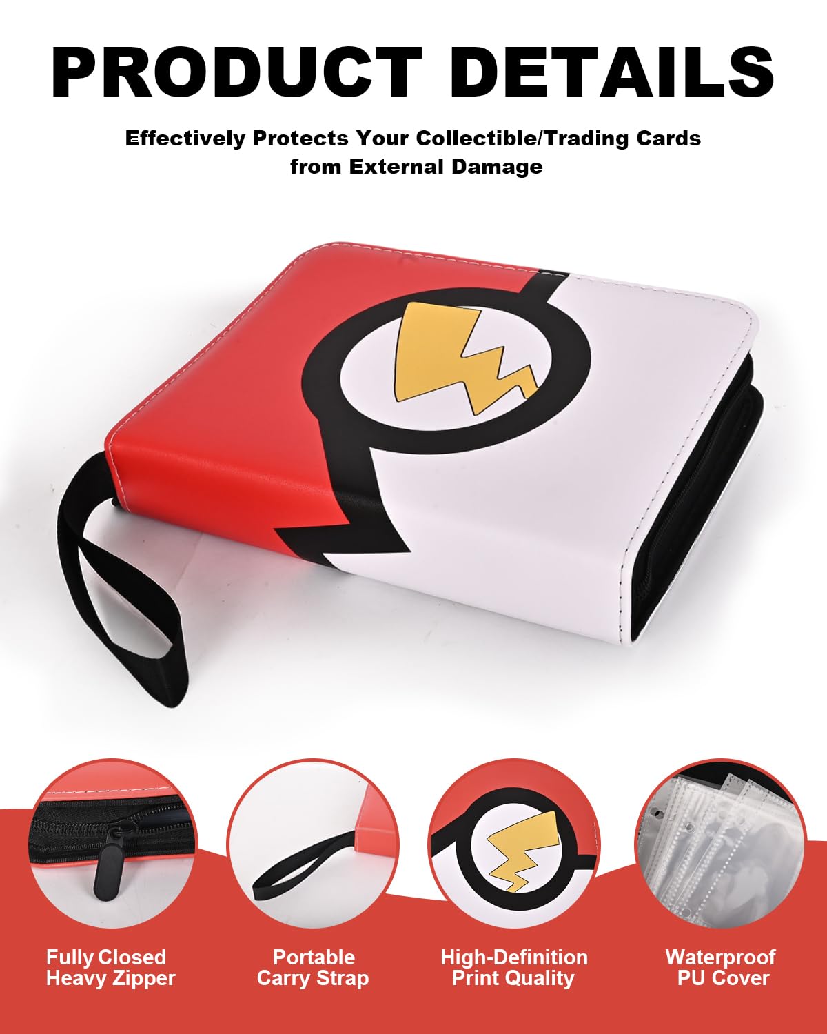 VIRIDI 4 Pocket Trading Card Binder - Red, Waterproof, Holds 400 Cards, Acid-Free Pages