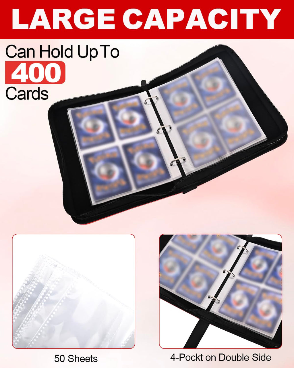 VIRIDI 4 Pocket Trading Card Binder - Red, Waterproof, Holds 400 Cards, Acid-Free Pages