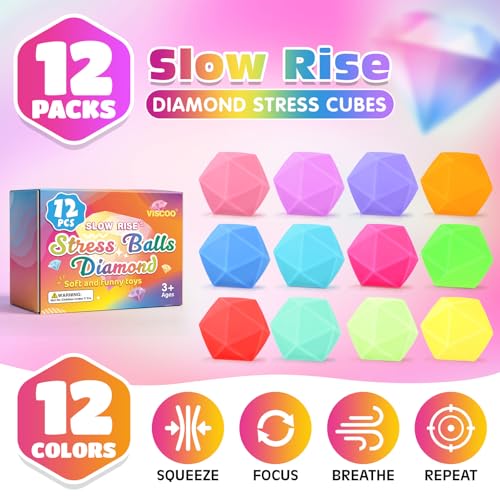 VISCOO 12 Pack Diamond Slow Rising Stress Balls - Squishy Fidget Toys for Anxiety Relief, Party Favors