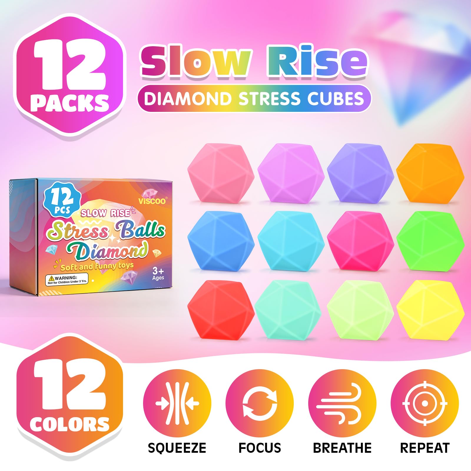 VISCOO 12 Pack Diamond Slow Rising Stress Balls - Squishy Fidget Toys for Anxiety Relief, Party Favors