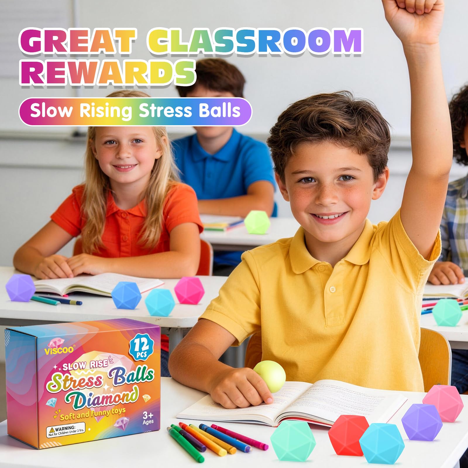 VISCOO 12 Pack Diamond Slow Rising Stress Balls - Squishy Fidget Toys for Anxiety Relief, Party Favors