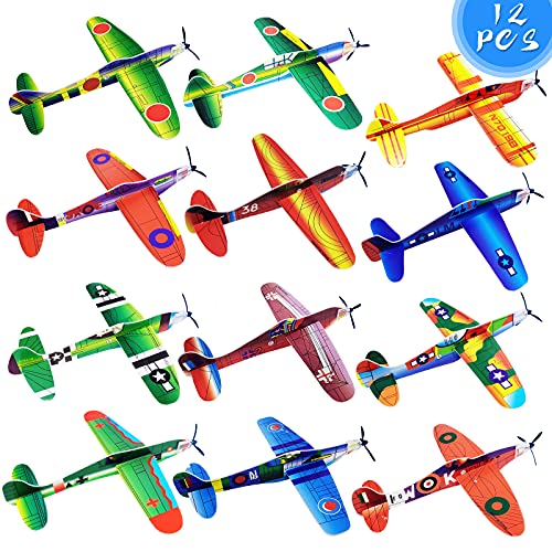 Visen 8-Inch Foam Glider Planes (12 Pack) - 12 Different Designs, Easy Assembly, Flying Toy for Kids Ages 3+
