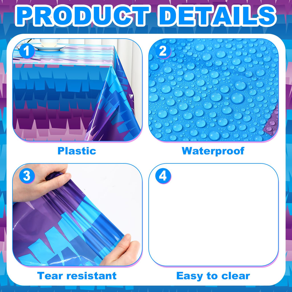 VitalCozy 3-Pack Video Game Plastic Tablecloths - 108x54 Inch Disposable Purple & Blue Party Table Cover