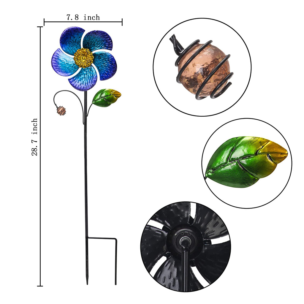 Viveta 28.7-Inch Blue Flower Wind Spinner with Metal Stake - Low-Friction Bearings, Outdoor Garden Decor
