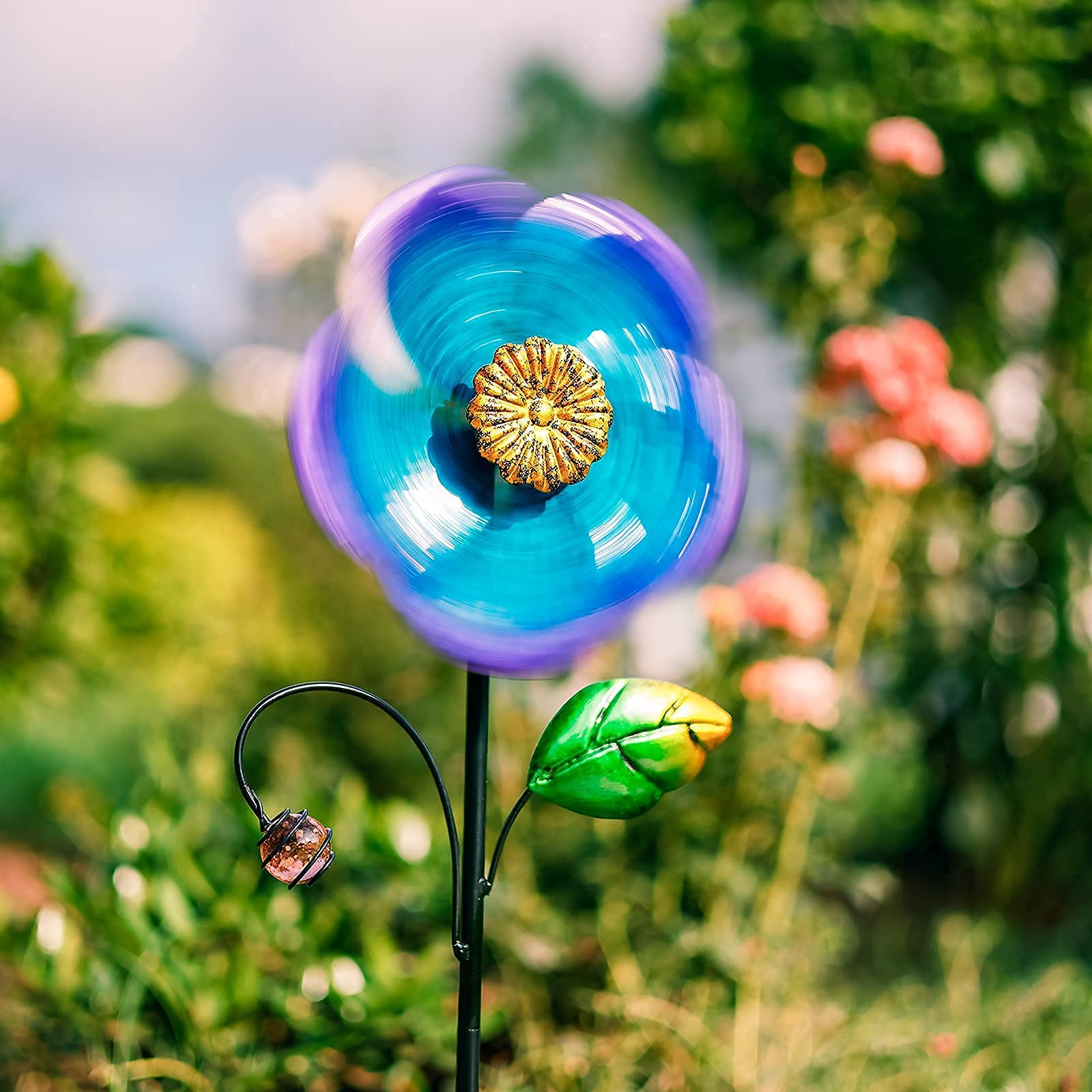 Viveta 28.7-Inch Blue Flower Wind Spinner with Metal Stake - Low-Friction Bearings, Outdoor Garden Decor