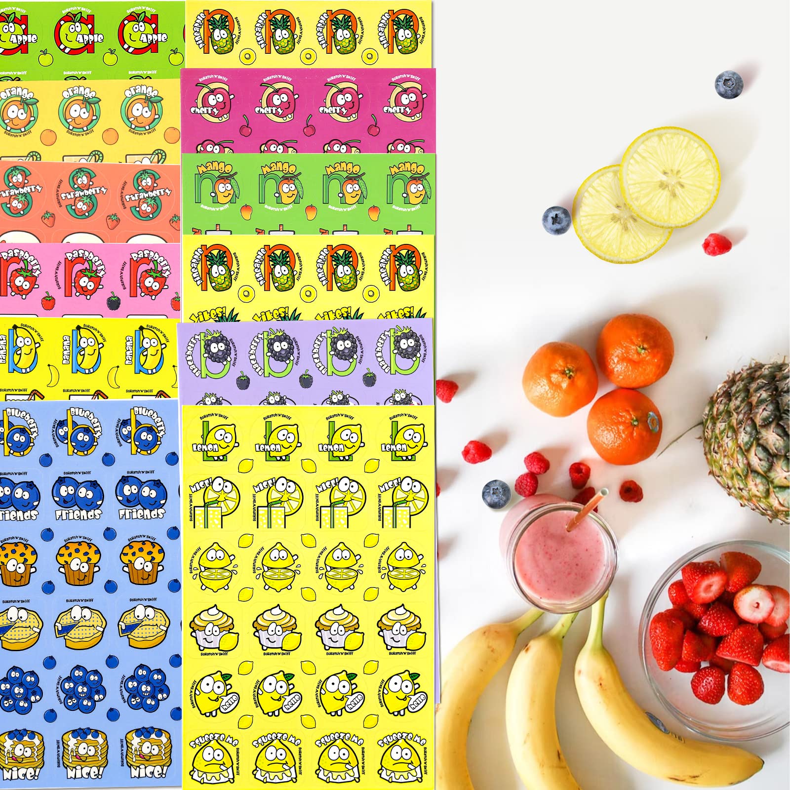 VKPI 1152 Scratch and Sniff Stickers - 24 Fruit & Food Scents, 48 Sheets, 144 Designs for Kids Rewards and Crafts