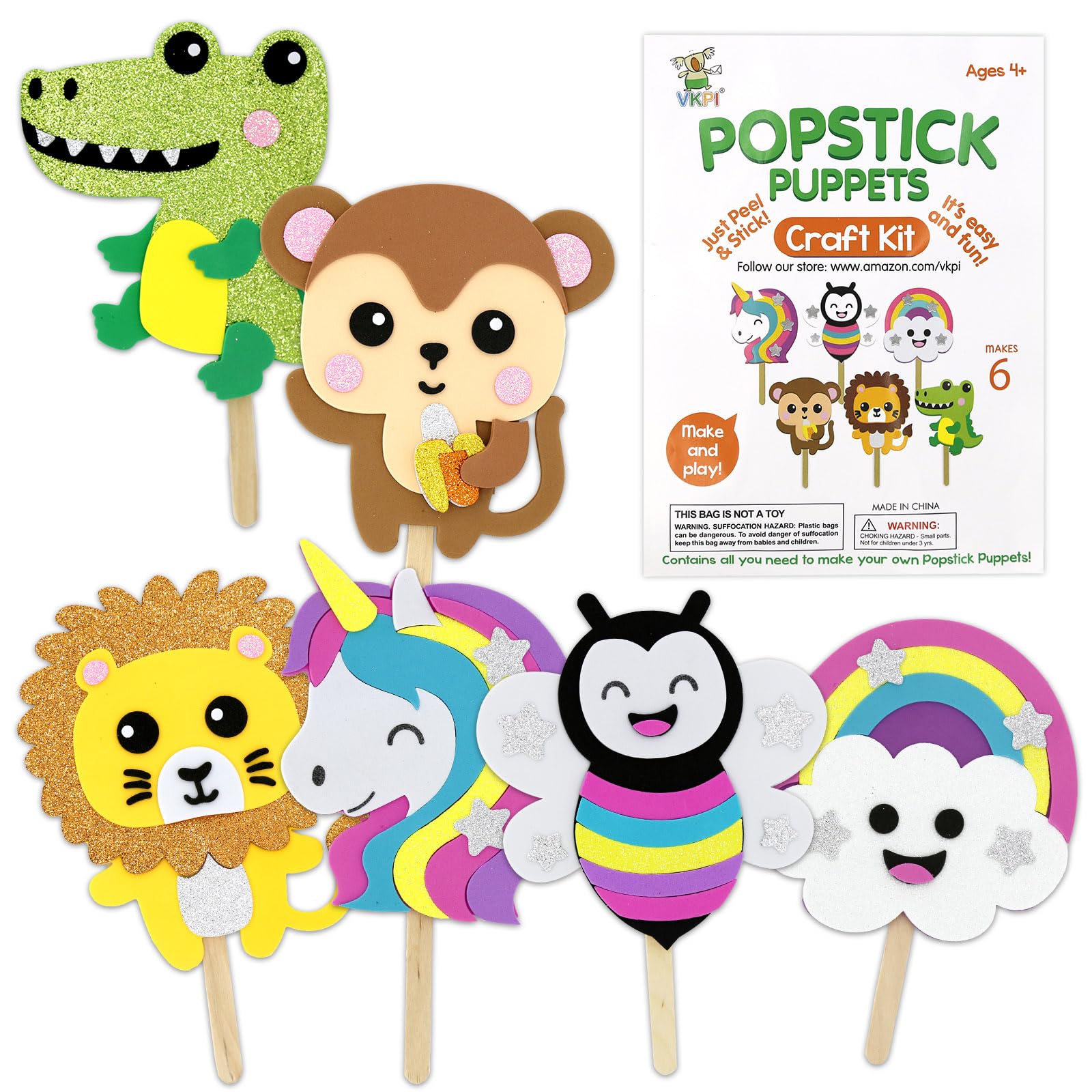 VKPI 6 Popstick Puppets Craft Kit – Foam Animal Puppets for Kids, Ages 4+