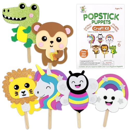 VKPI 6 Popstick Puppets Craft Kit – Foam Animal Puppets for Kids, Ages 4+