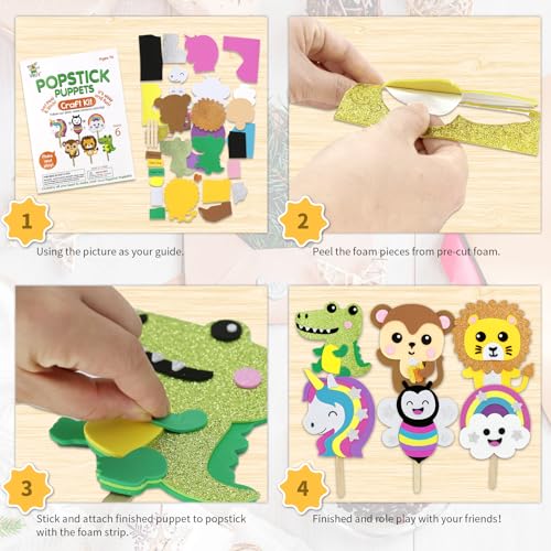 VKPI 6 Popstick Puppets Craft Kit – Foam Animal Puppets for Kids, Ages 4+