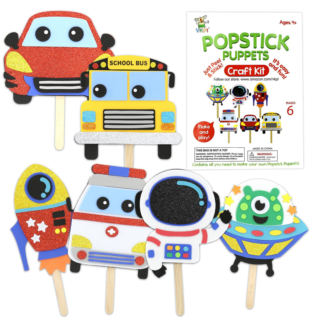 VKPI Popstick Puppets Craft Kit – 6 Foam Art Projects for Kids Ages 4+ (Car & Space Theme)