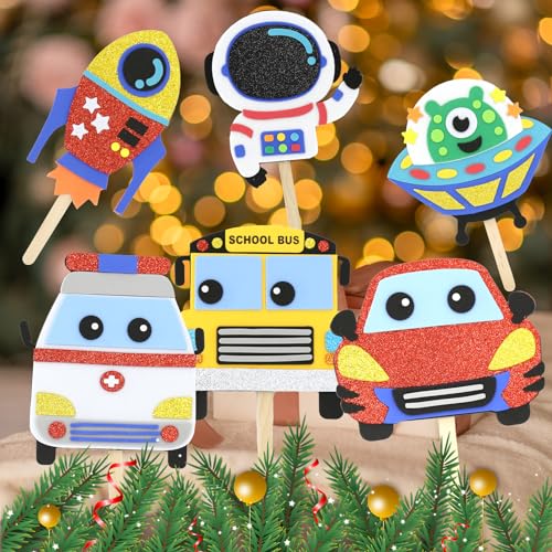 VKPI Popstick Puppets Craft Kit – 6 Foam Art Projects for Kids Ages 4+ (Car & Space Theme)