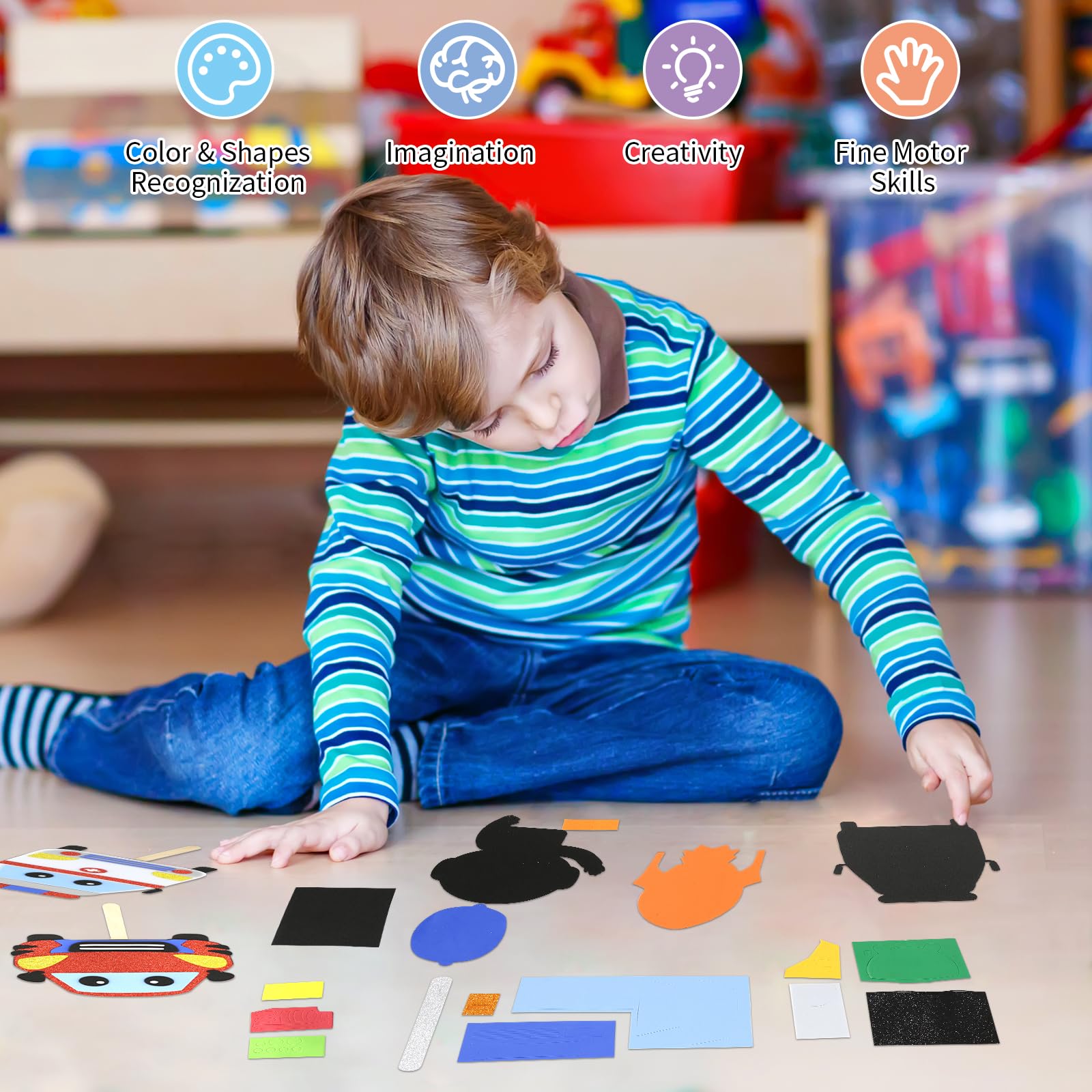VKPI Popstick Puppets Craft Kit – 6 Foam Art Projects for Kids Ages 4+ (Car & Space Theme)