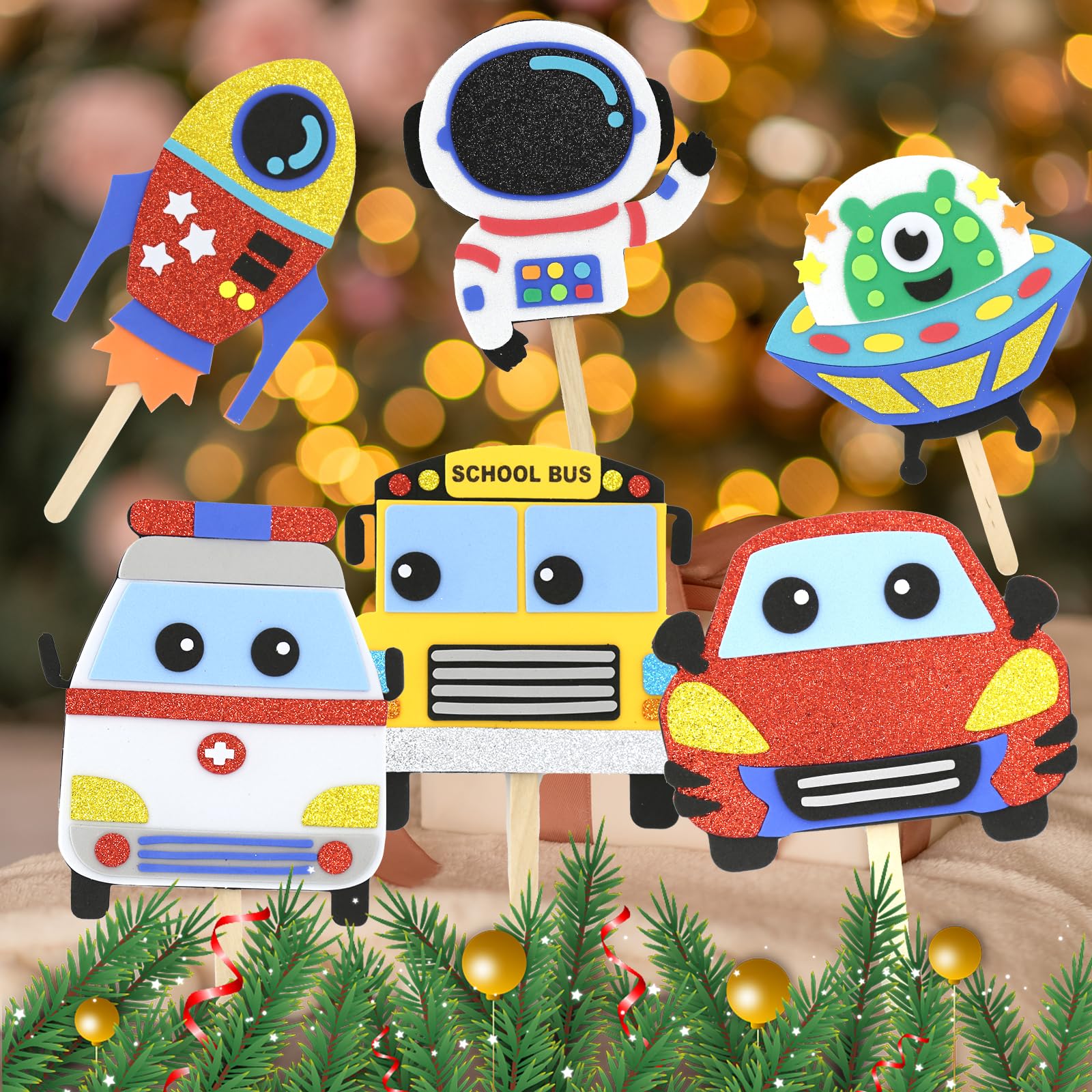 VKPI Popstick Puppets Craft Kit – 6 Foam Art Projects for Kids Ages 4+ (Car & Space Theme)