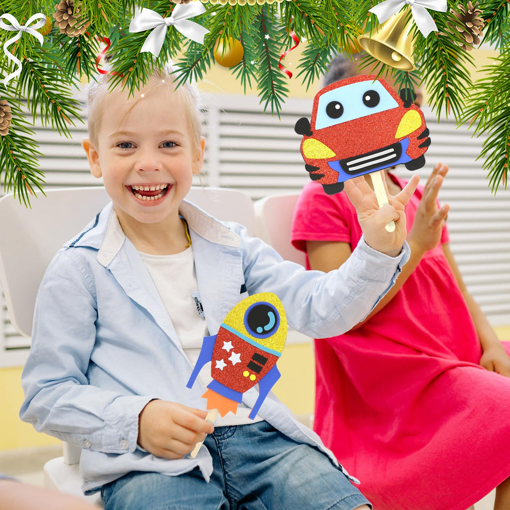 VKPI Popstick Puppets Craft Kit – 6 Foam Art Projects for Kids Ages 4+ (Car & Space Theme)