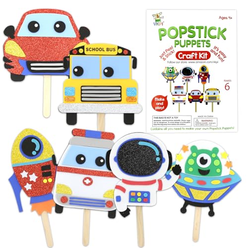VKPI Popstick Puppets Craft Kit – 6 Foam Art Projects for Kids Ages 4+ (Car & Space Theme)