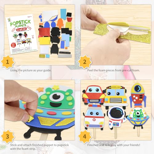 VKPI Popstick Puppets Craft Kit – 6 Foam Art Projects for Kids Ages 4+ (Car & Space Theme)