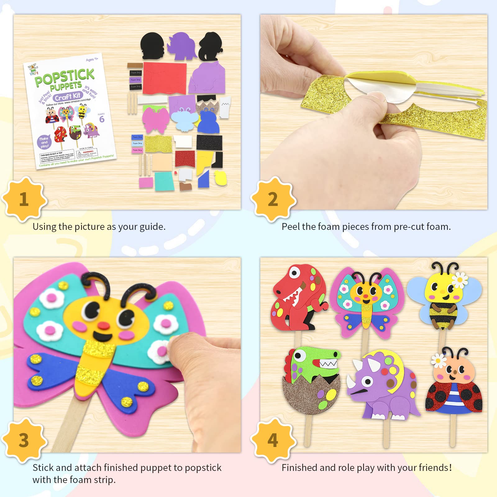 VKPI Popstick Puppets Craft Kit for Kids Ages 4+ – 6 Foam Dinosaur & Butterfly Puppets, No Glue Needed