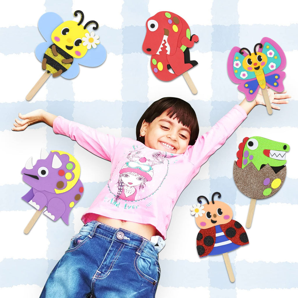 VKPI Popstick Puppets Craft Kit for Kids Ages 4+ – 6 Foam Dinosaur & Butterfly Puppets, No Glue Needed