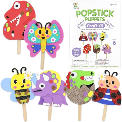 VKPI Popstick Puppets Craft Kit for Kids Ages 4+ – 6 Foam Dinosaur & Butterfly Puppets, No Glue Needed
