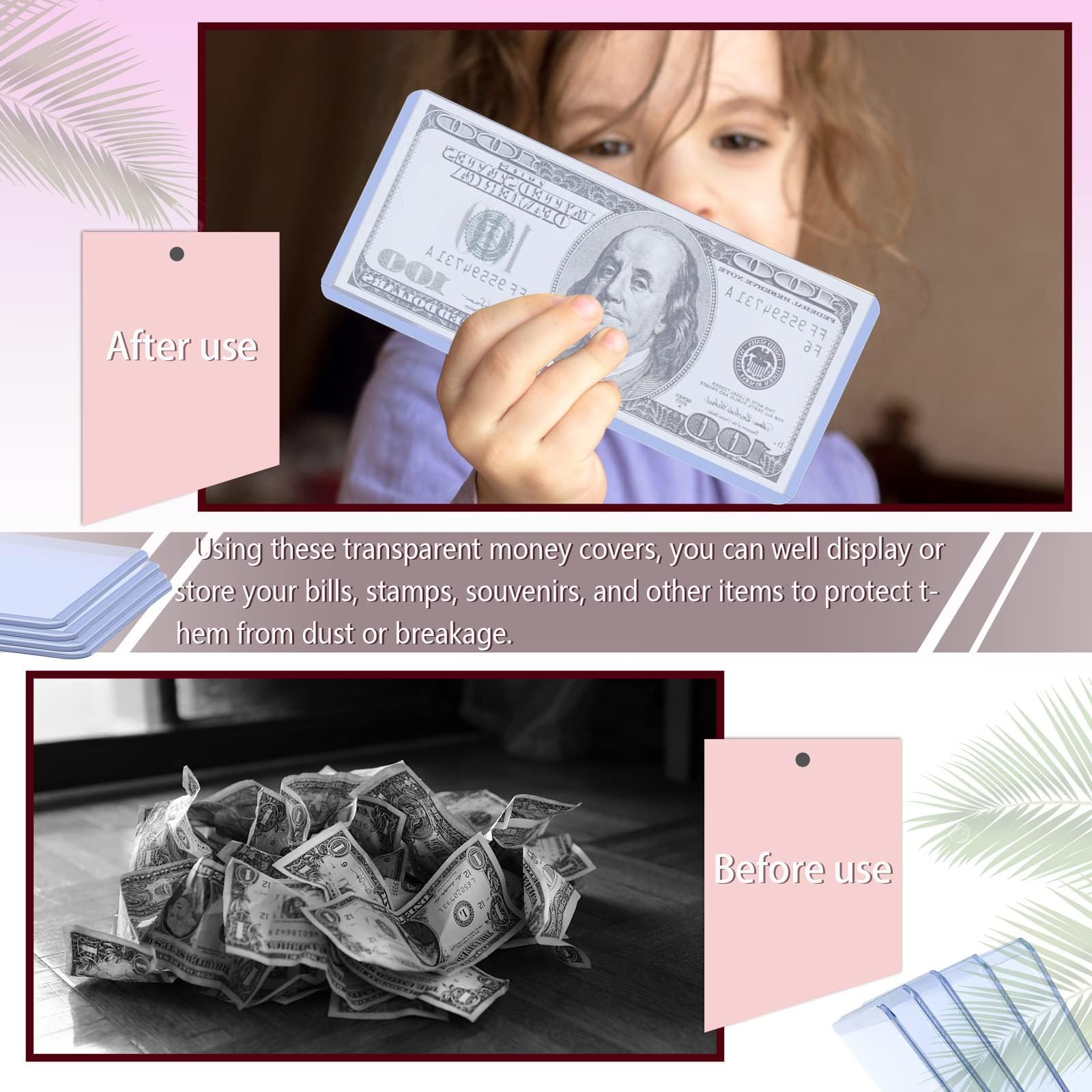 Vmiapxo 50 Pack Dollar Bill Sleeves - Clear Hard Plastic Currency Holders, Waterproof Top-Load Sleeves for Standard Bills and Collectibles