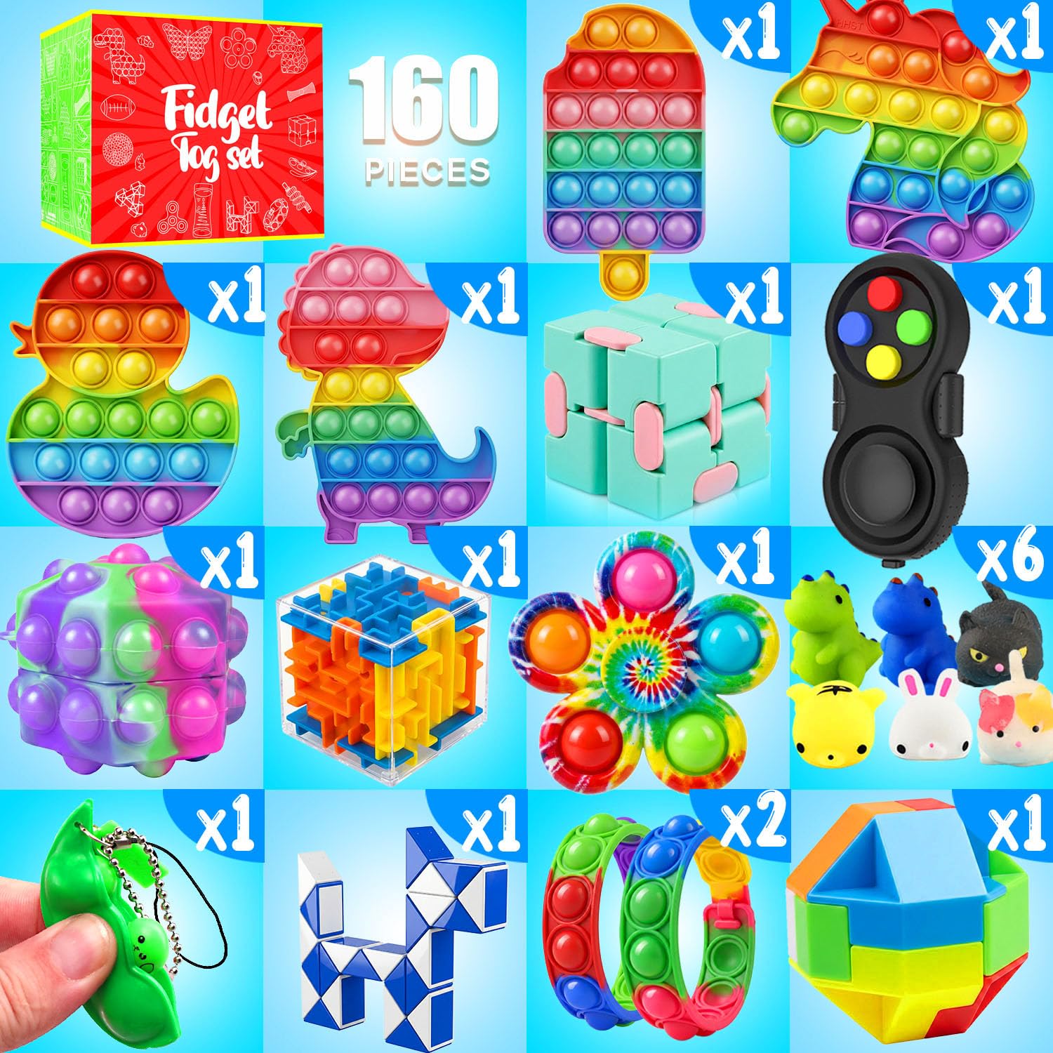 VNAMO 160-Pack Fidget Toys for Kids 4-12, Bulk Sensory Toys for Autism, Party Favors, Classroom Prizes, Stocking Stuffers, Goodie Bag Fillers