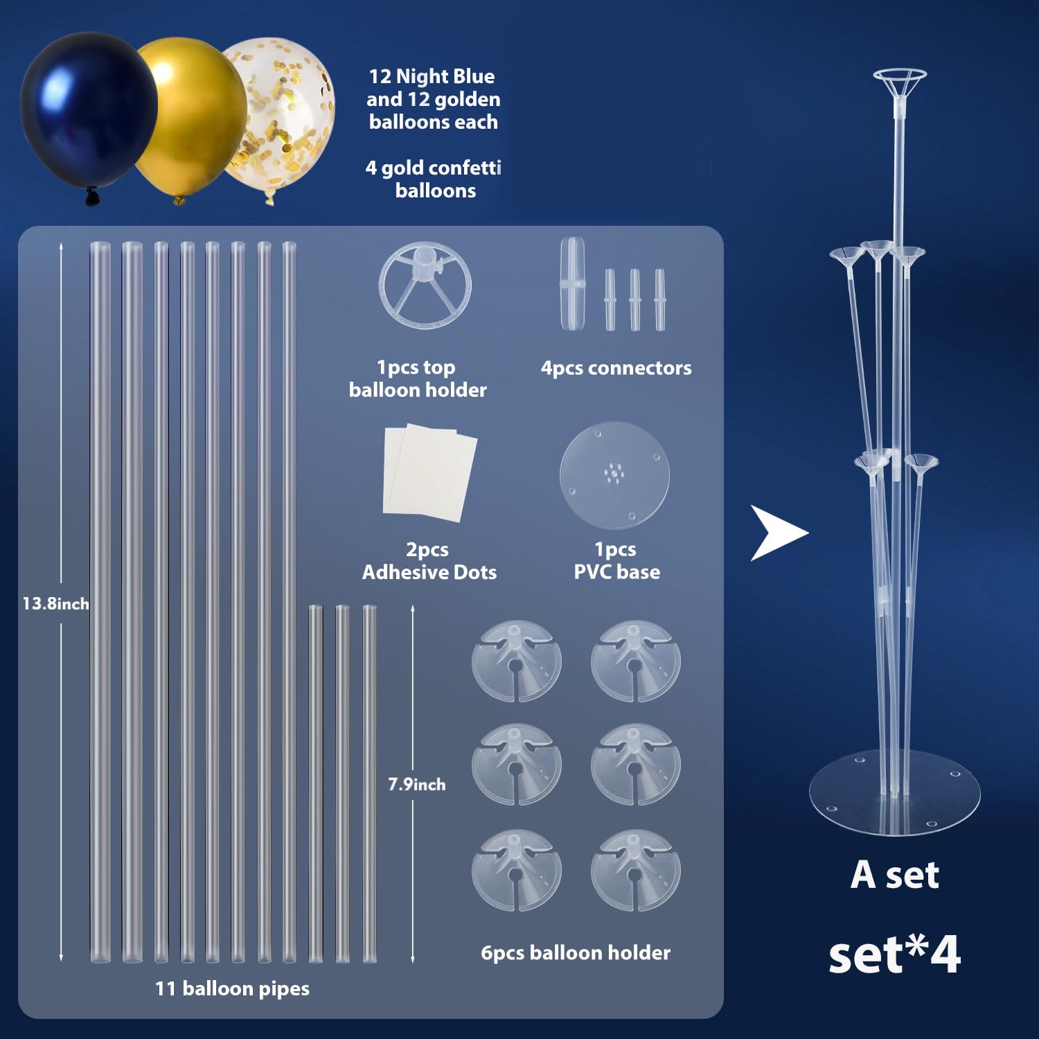 Voircoloria Balloon Stand Kit 4 Sets Navy Gold Party Decorations