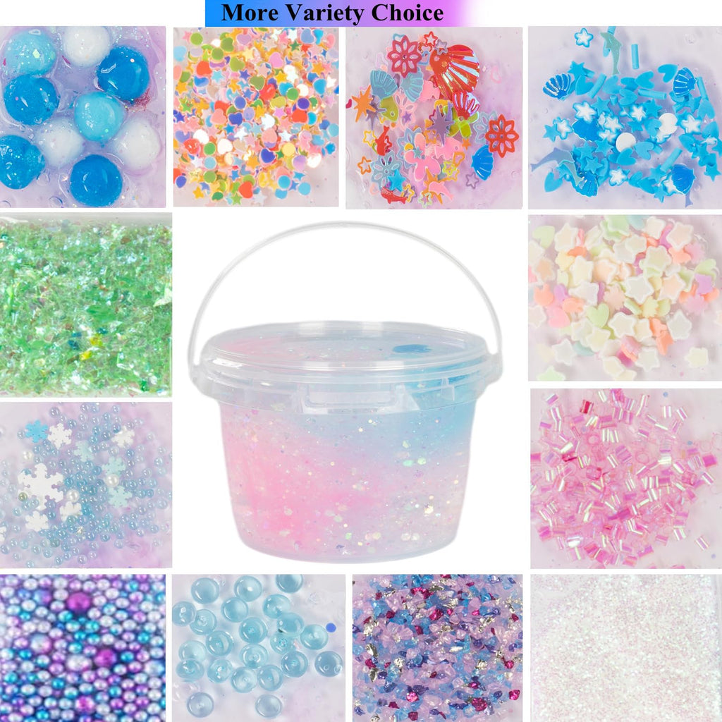 Vomkela Mermaid Slime Kit - Clear & Cloud Slime Bucket with 300ml Pink Slime, 12 Fillings, 5 Resin Accessories - DIY Stress Relief Toy for Kids Birthday Party