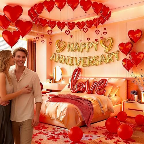 Vurxanqo 100-Piece Red Foil & Latex Anniversary Decorations Set with Heart Balloons, Pendants, and Rose Petals