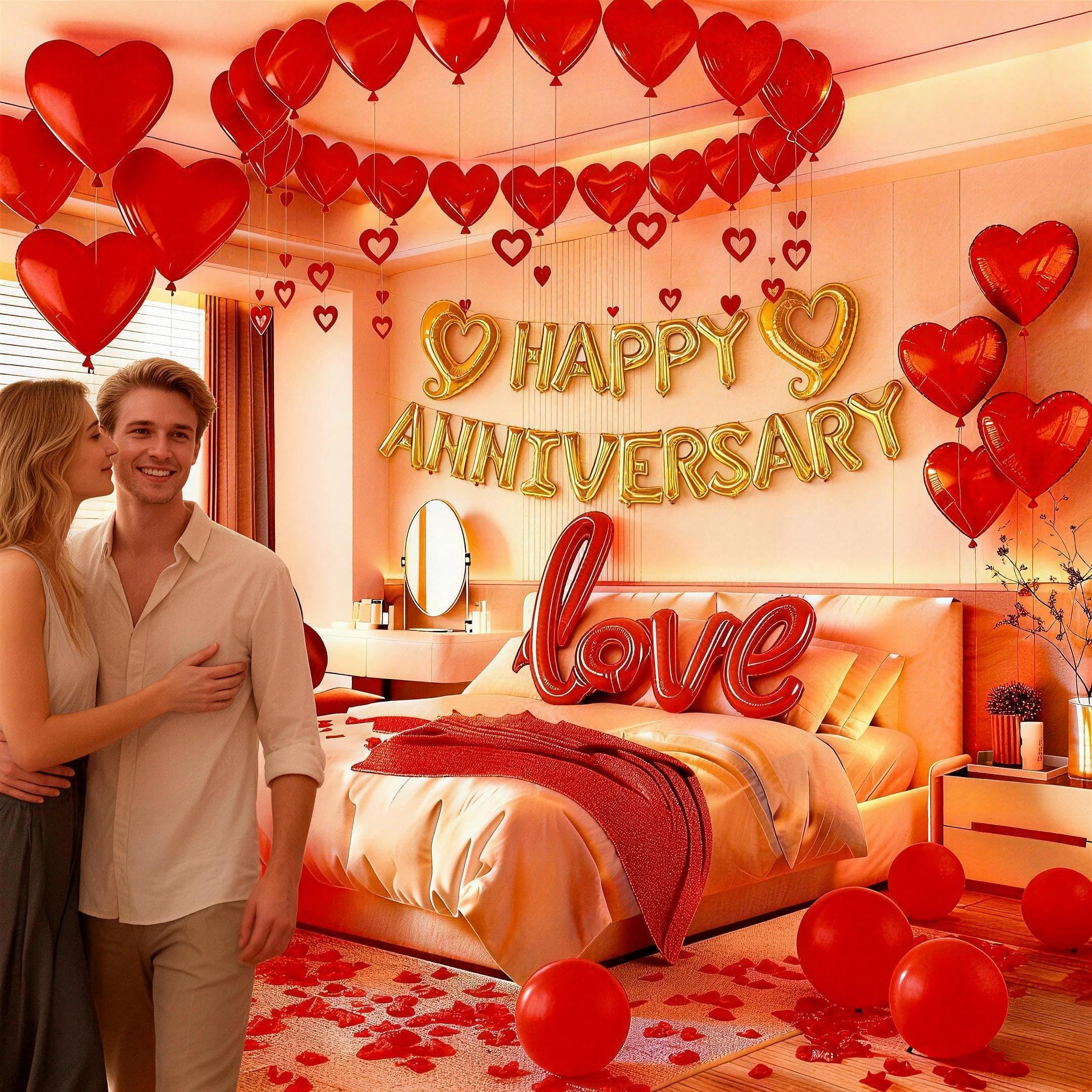 Vurxanqo 100-Piece Red Foil & Latex Anniversary Decorations Set with Heart Balloons, Pendants, and Rose Petals