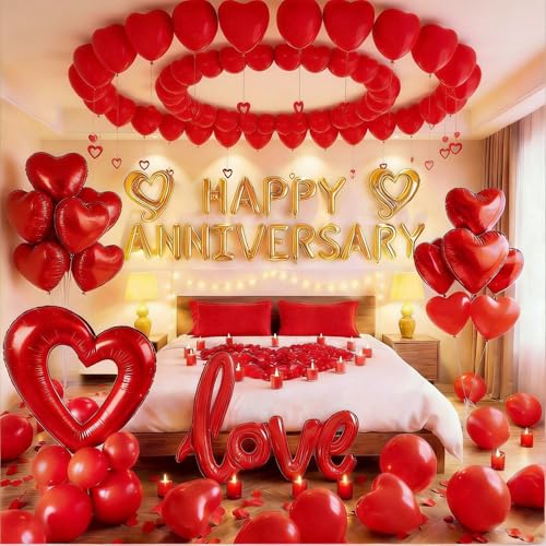 Vurxanqo 100-Piece Red Foil & Latex Anniversary Decorations Set with Heart Balloons, Pendants, and Rose Petals