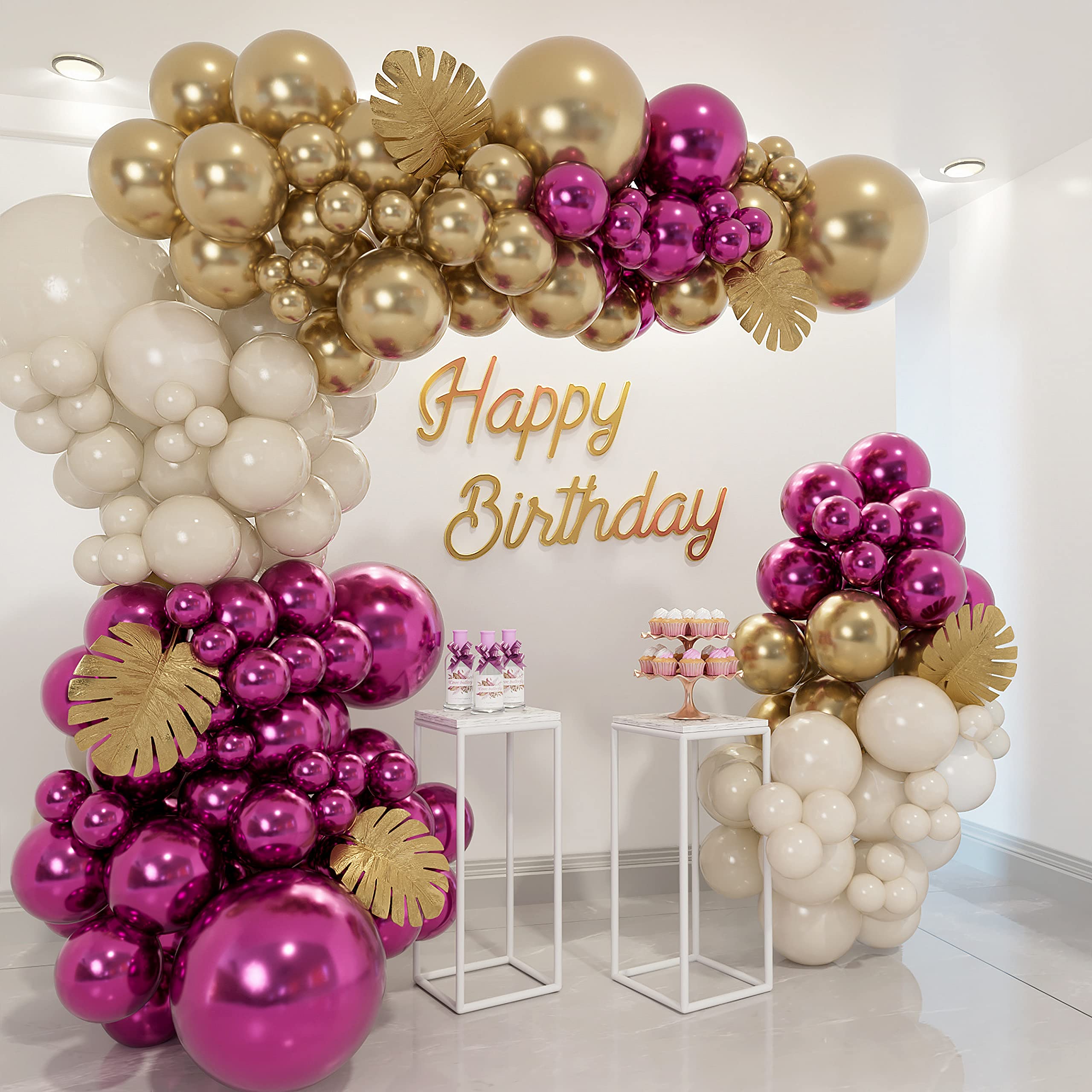 Vurxanqo Metallic Magenta, Gold & White Balloon Garland Arch Kit - 134 Balloons for Bachelorette, Birthday Party Decor