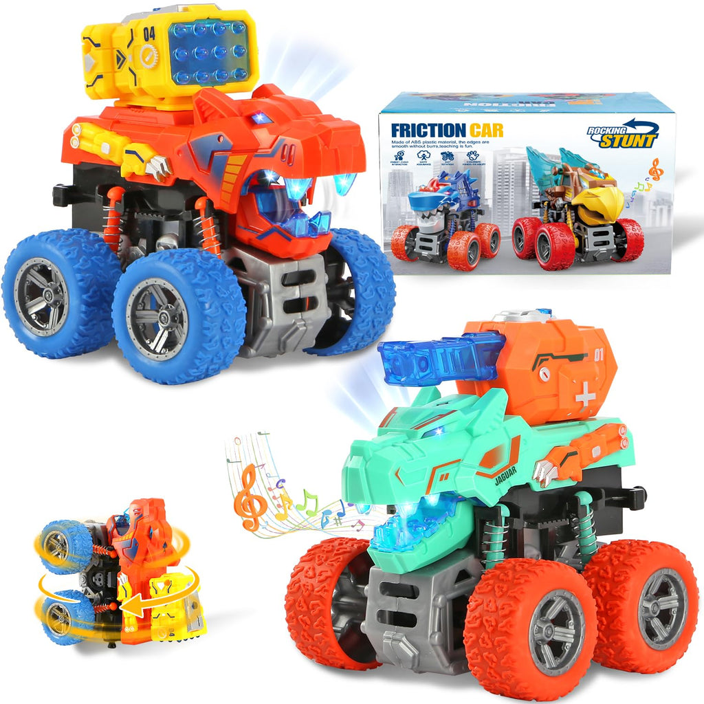 VUSUMOK 2-Pack Dinosaur Monster Trucks: Push-and-Go Toys with Lights and Sounds for Ages 2-7
