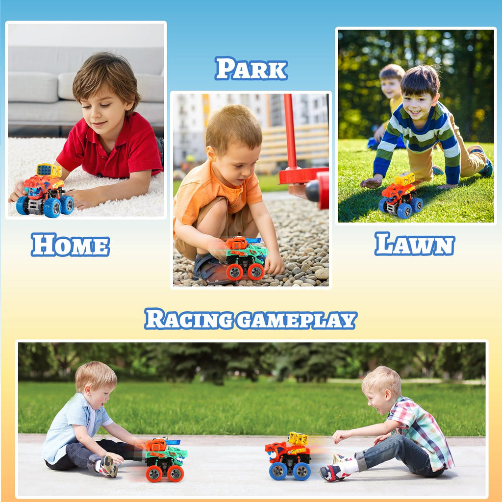 VUSUMOK 2-Pack Dinosaur Monster Trucks: Push-and-Go Toys with Lights and Sounds for Ages 2-7