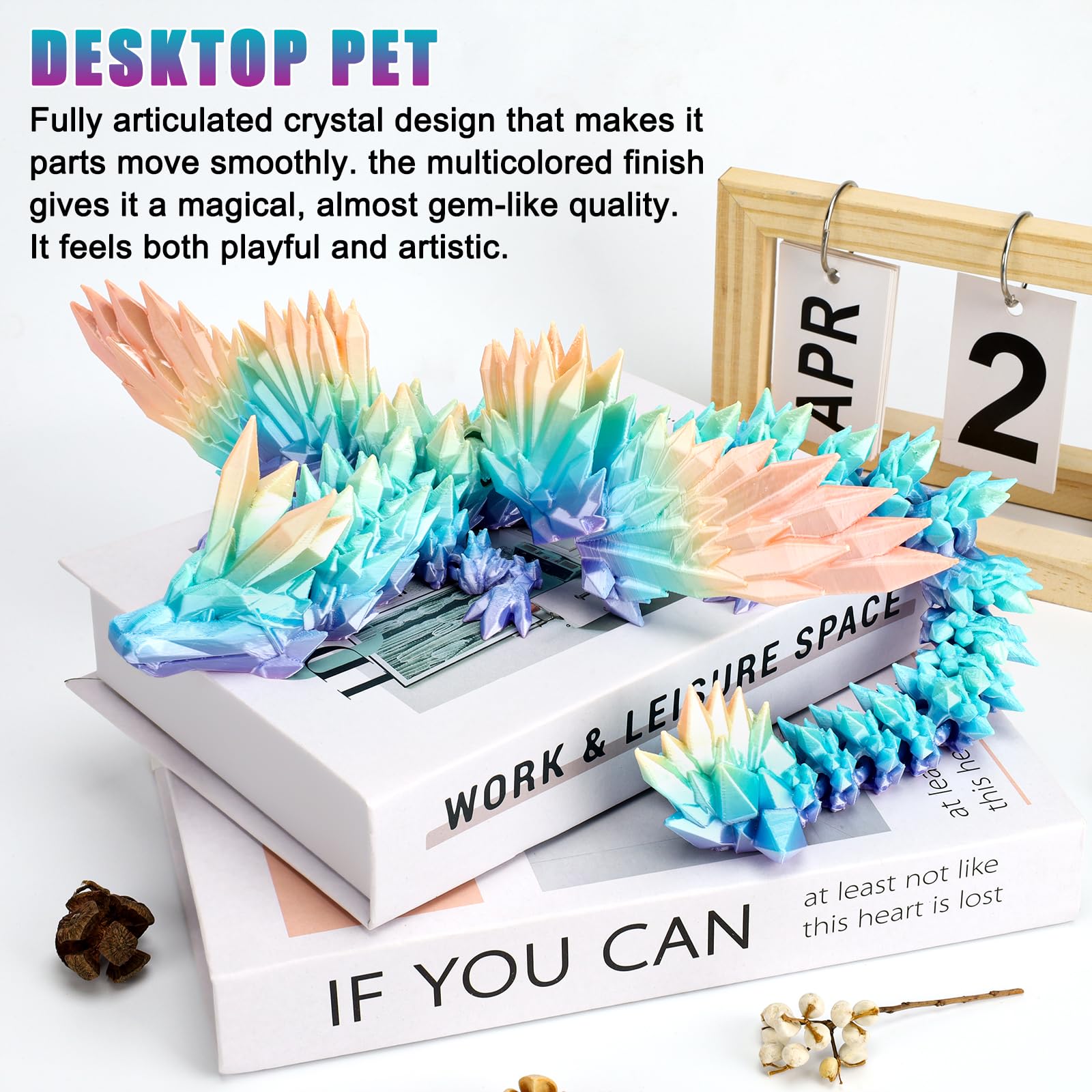 VUTIKPIX 18-Inch 3D Printed Articulated Crystal Dragon - Large Fidget Toy and Desk Decor, Fully Movable Wings, Eco-Friendly PLA